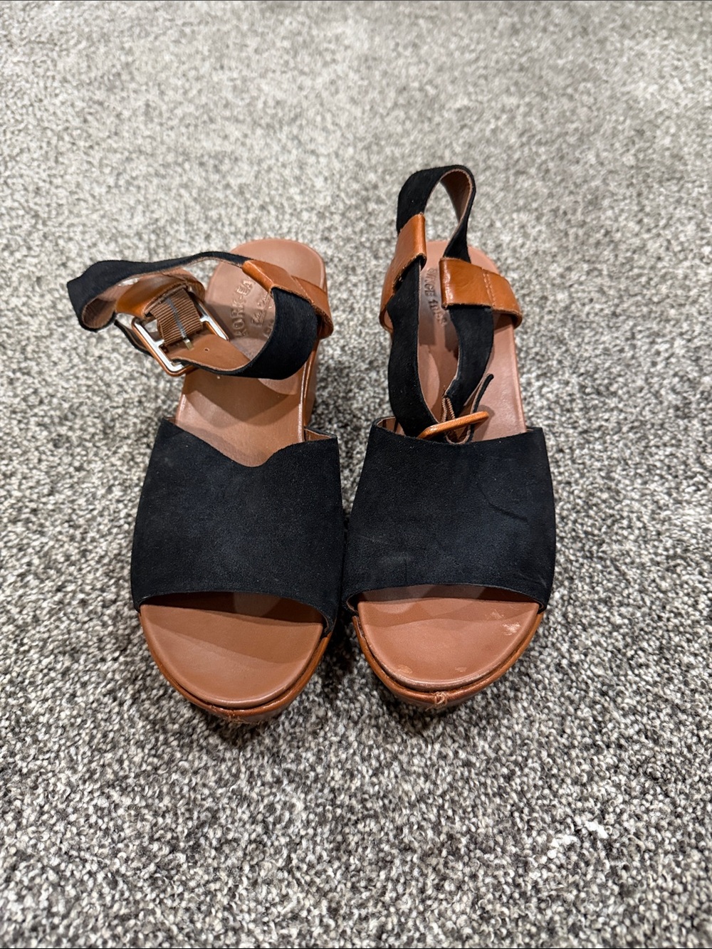 Kork-Ease Black Suede and Brown Leather Slingback Sandals